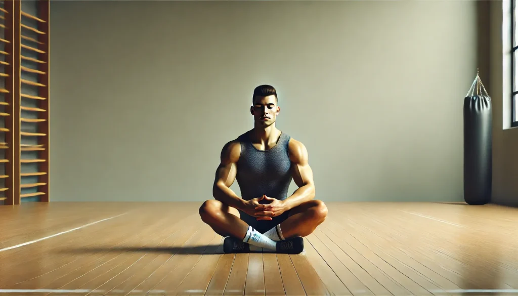 En mandlig atlet sidder i meditation på gulvet i et træningslokale, som symbol på mental træning og fokus i sport
