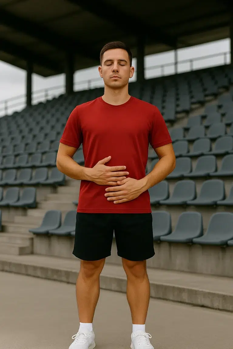 Ung atlet træner vejrtrækning på stadiontribune for at håndtere præstationsangst