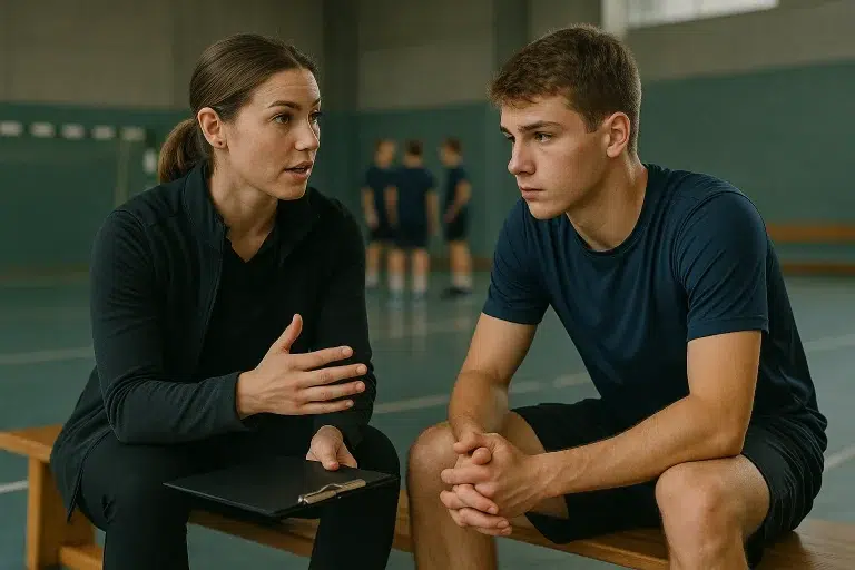 Sportspsykolog i samtale med ung mandlig atlet i sportshal