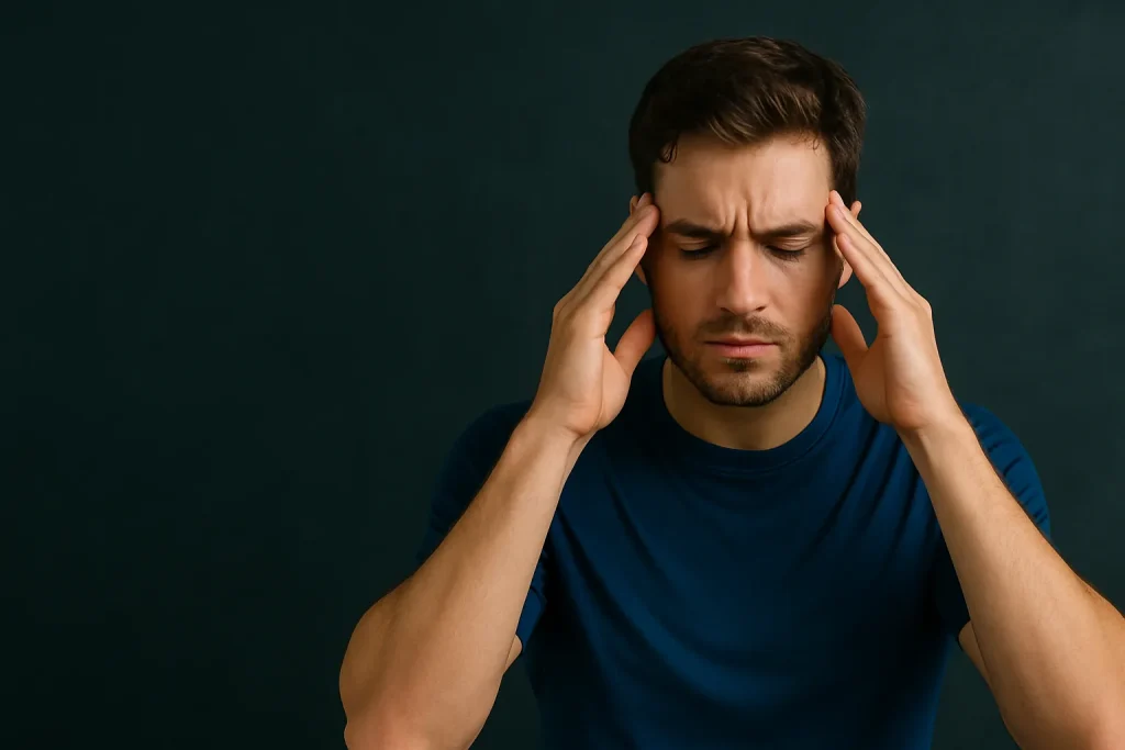Mand med hænderne mod tindingerne, symboliserer mentalt pres og stress