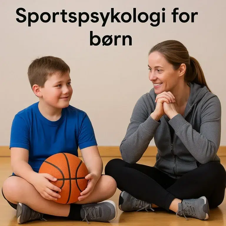 Sportspsykolog i samtale med barn iført sportstøj og basketbold