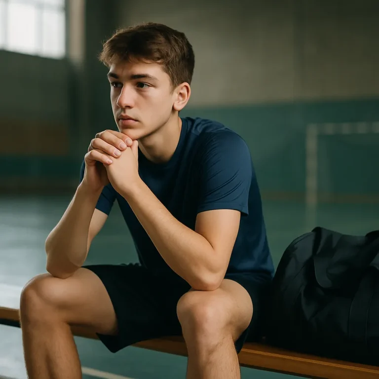 Ung atlet sidder på bænk i sportshal og reflekterer før træning